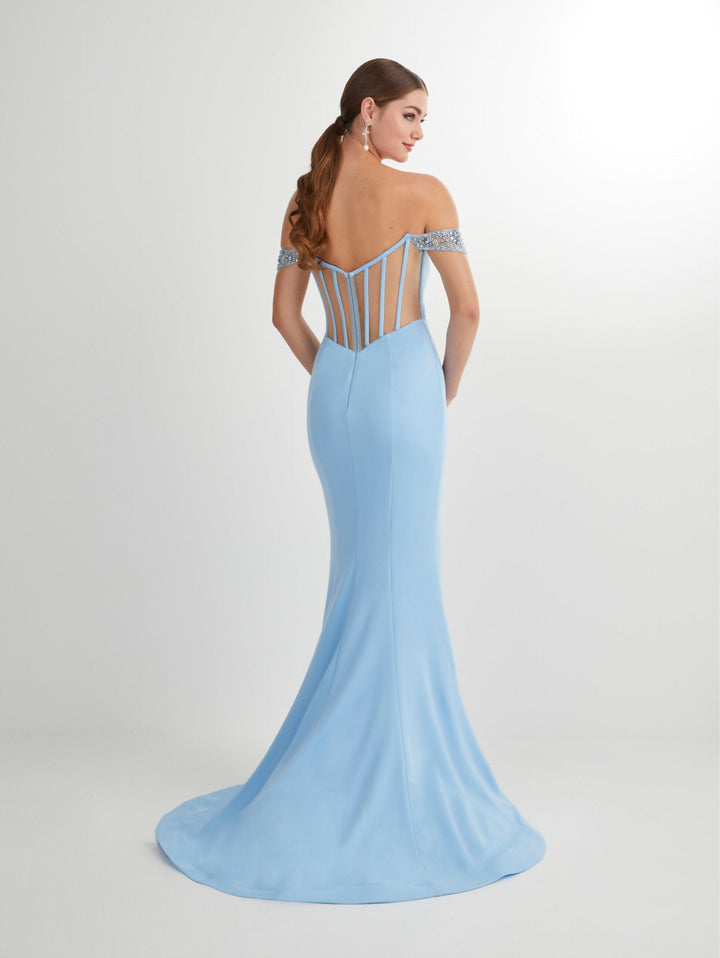 Fitted Crepe Of Shoulder Slit Gown by Studio 17 12907