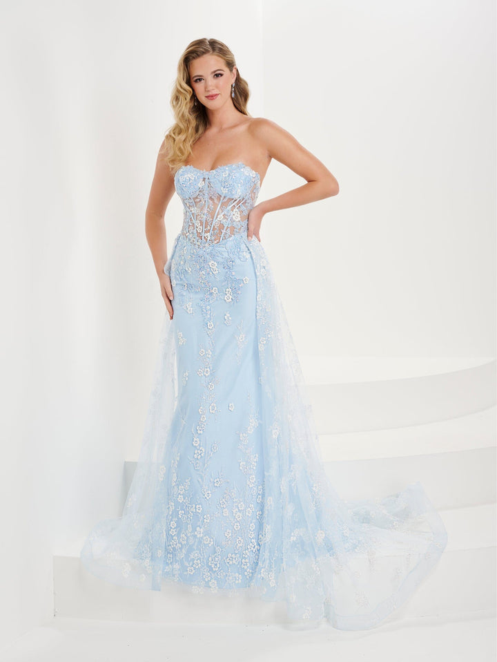 Fitted Floral Glitter Strapless Gown by Tiffany Designs 16107