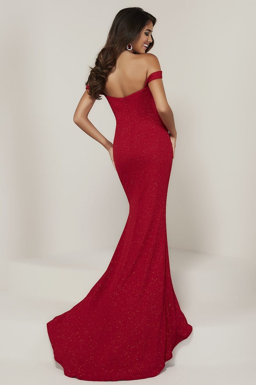 Fitted Glitter Jersey Off Shoulder Gown by Tiffany Designs 16353