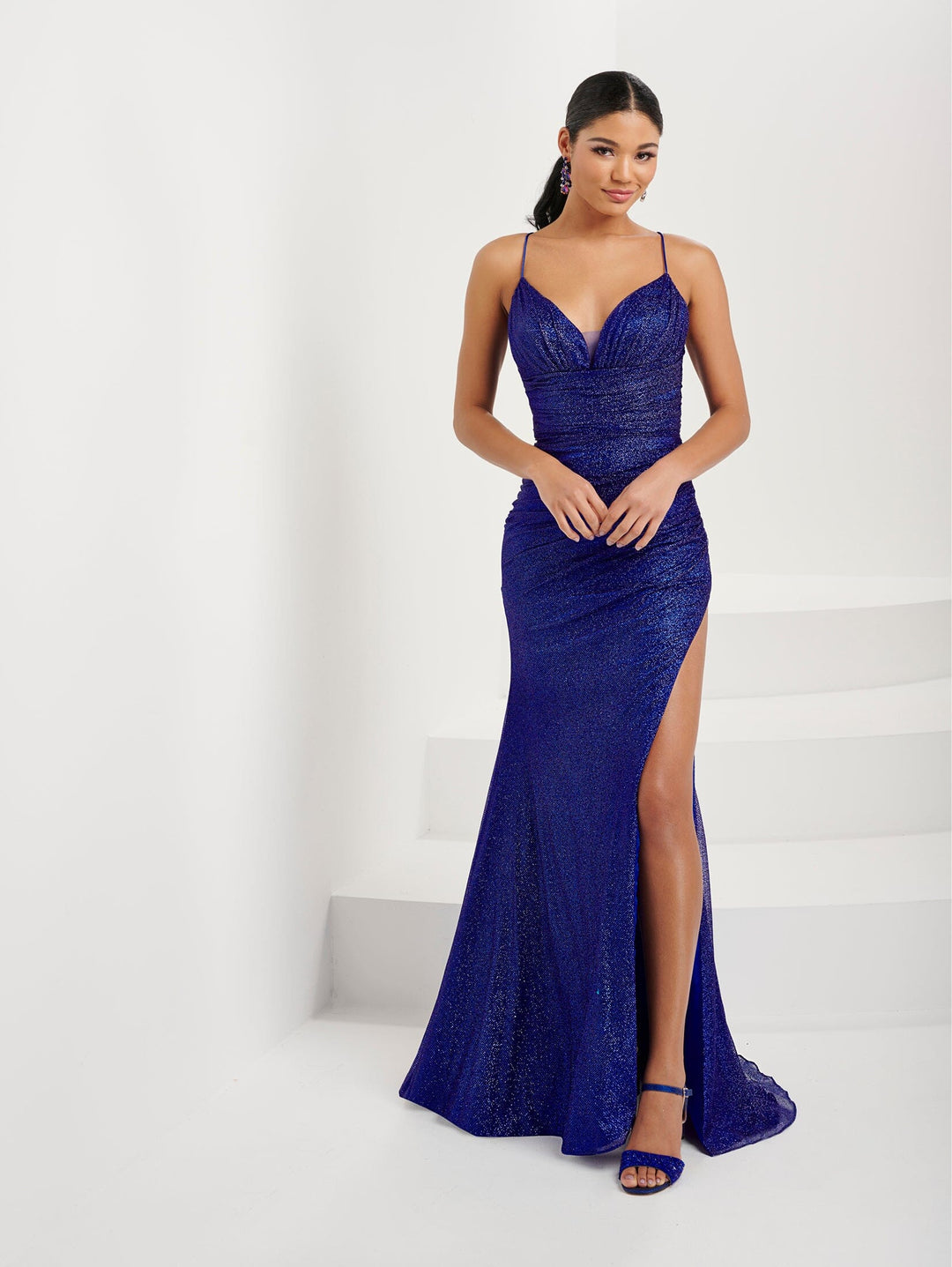 Fitted Glitter Lace-Up Slit Gown by Tiffany Designs 16075