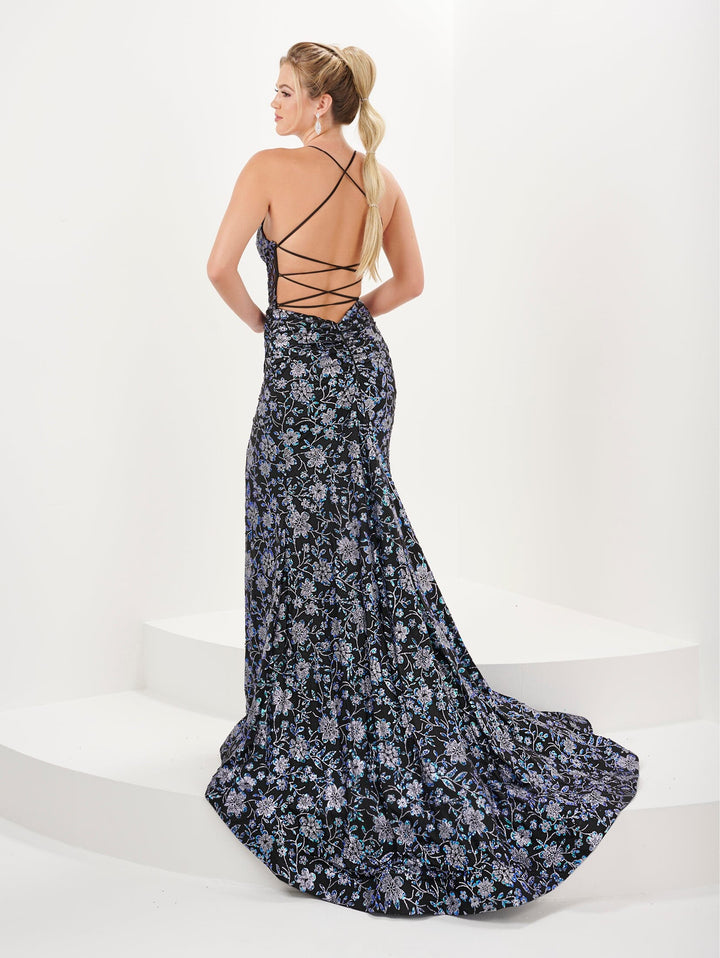 Fitted Glitter Print Sleeveless Gown by Tiffany Designs 16060