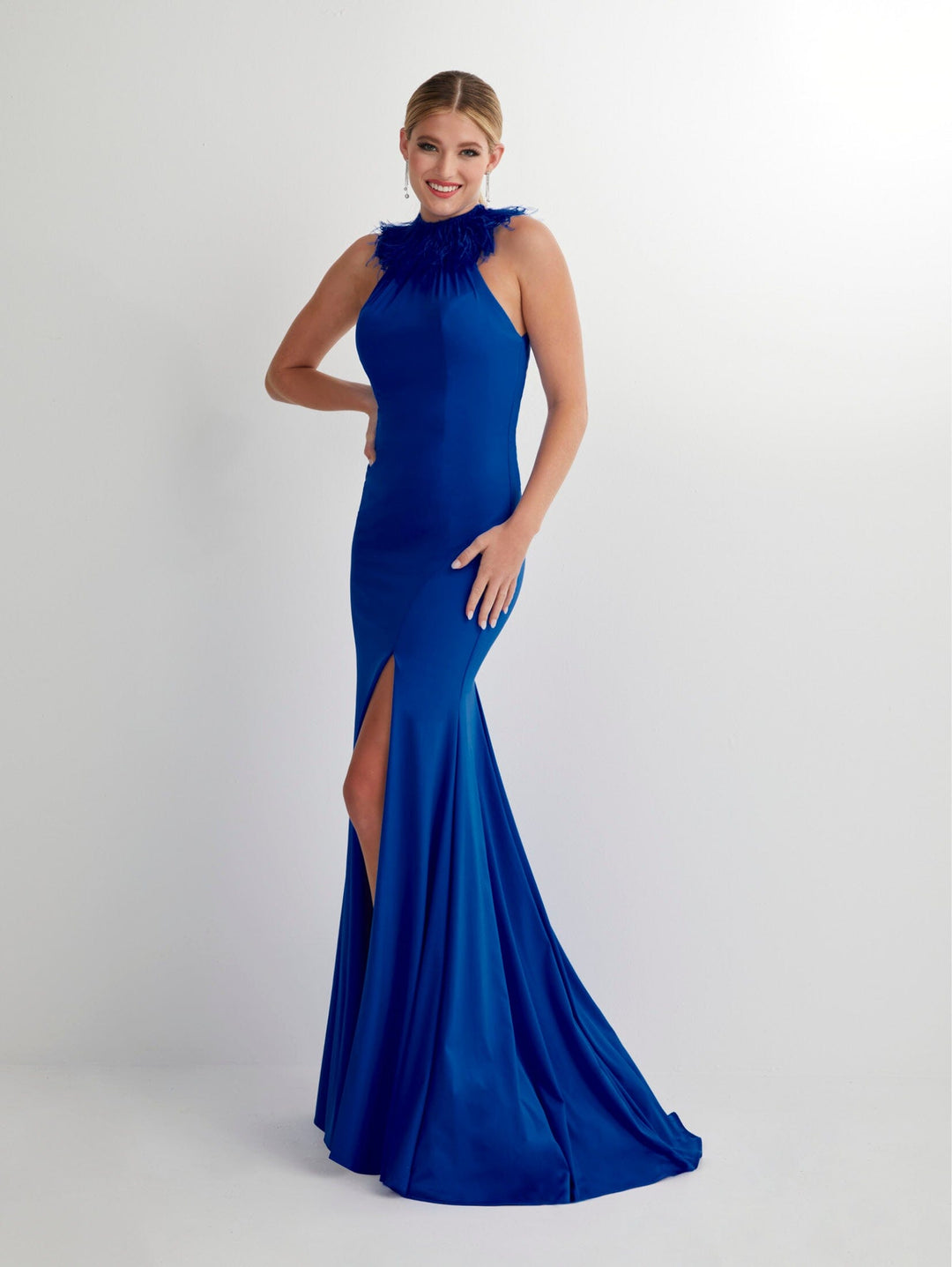 Fitted Halter Feather Jersey Gown by Studio 17 12913