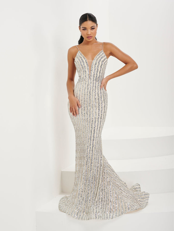 Fitted Linear Sequin Deep V-Neck Gown by Tiffany Designs 16092