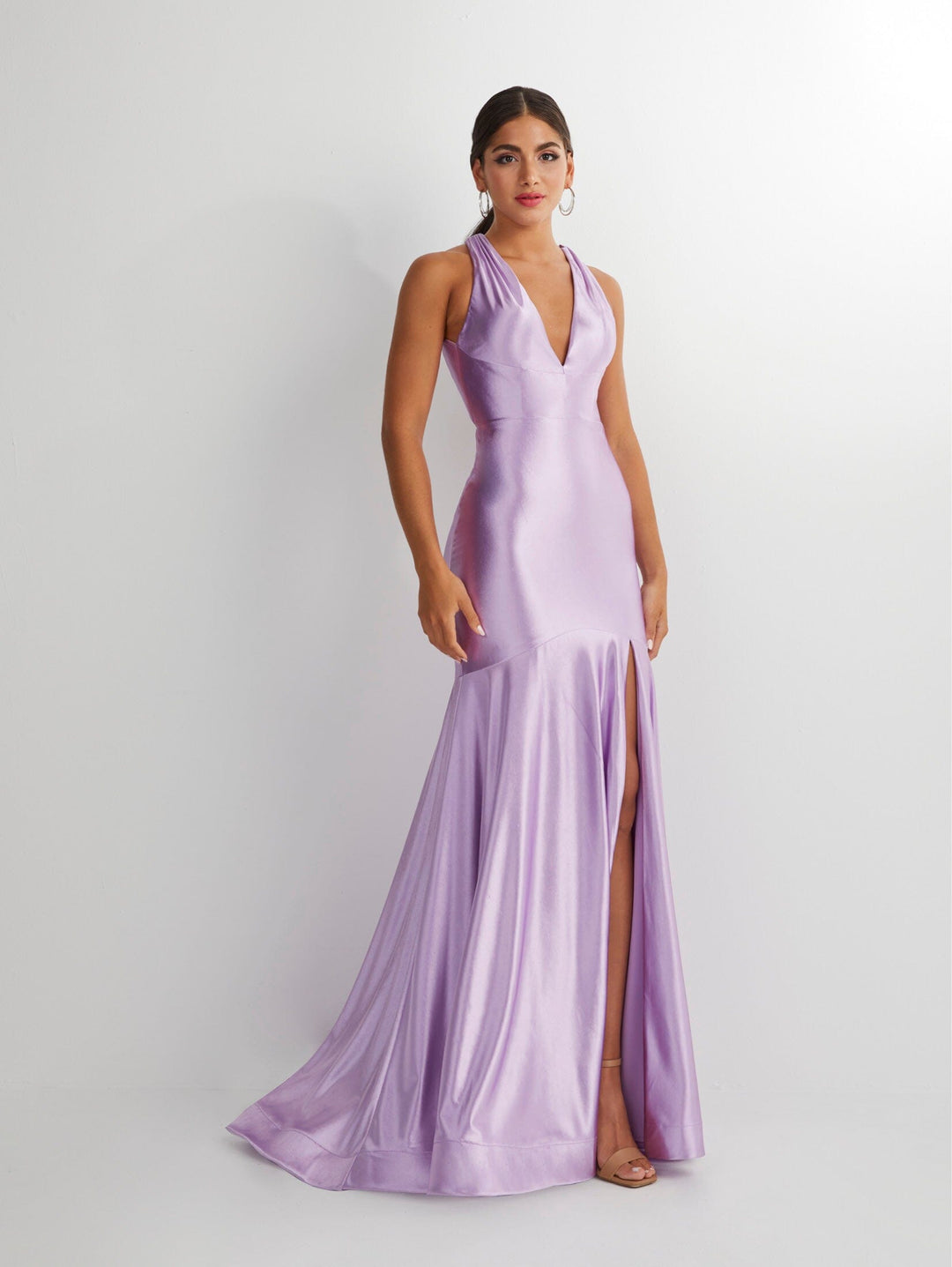 Fitted Satin V-Neck Slit Gown by Studio 17 12890