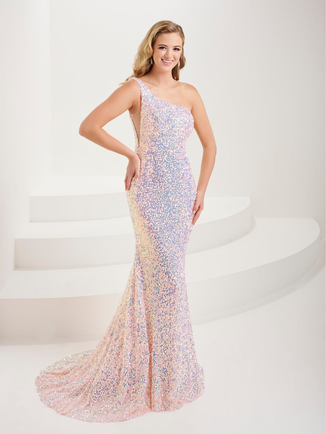 Fitted Sequin One Shoulder Gown by Tiffany Designs 16114