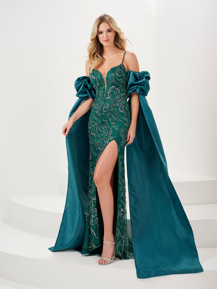 Fitted Sequin Print Puff Sleeve Slit Gown by Panoply 14155