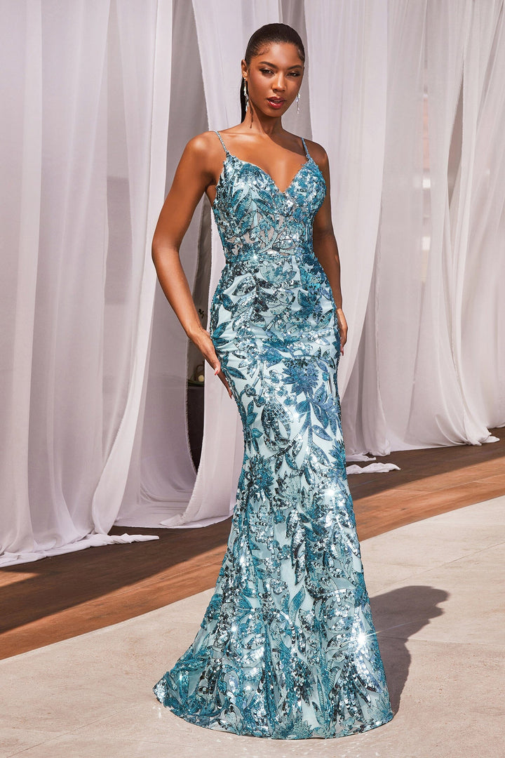 Fitted Sequin Print Sleeveless Slit Gown by Ladivine CM350