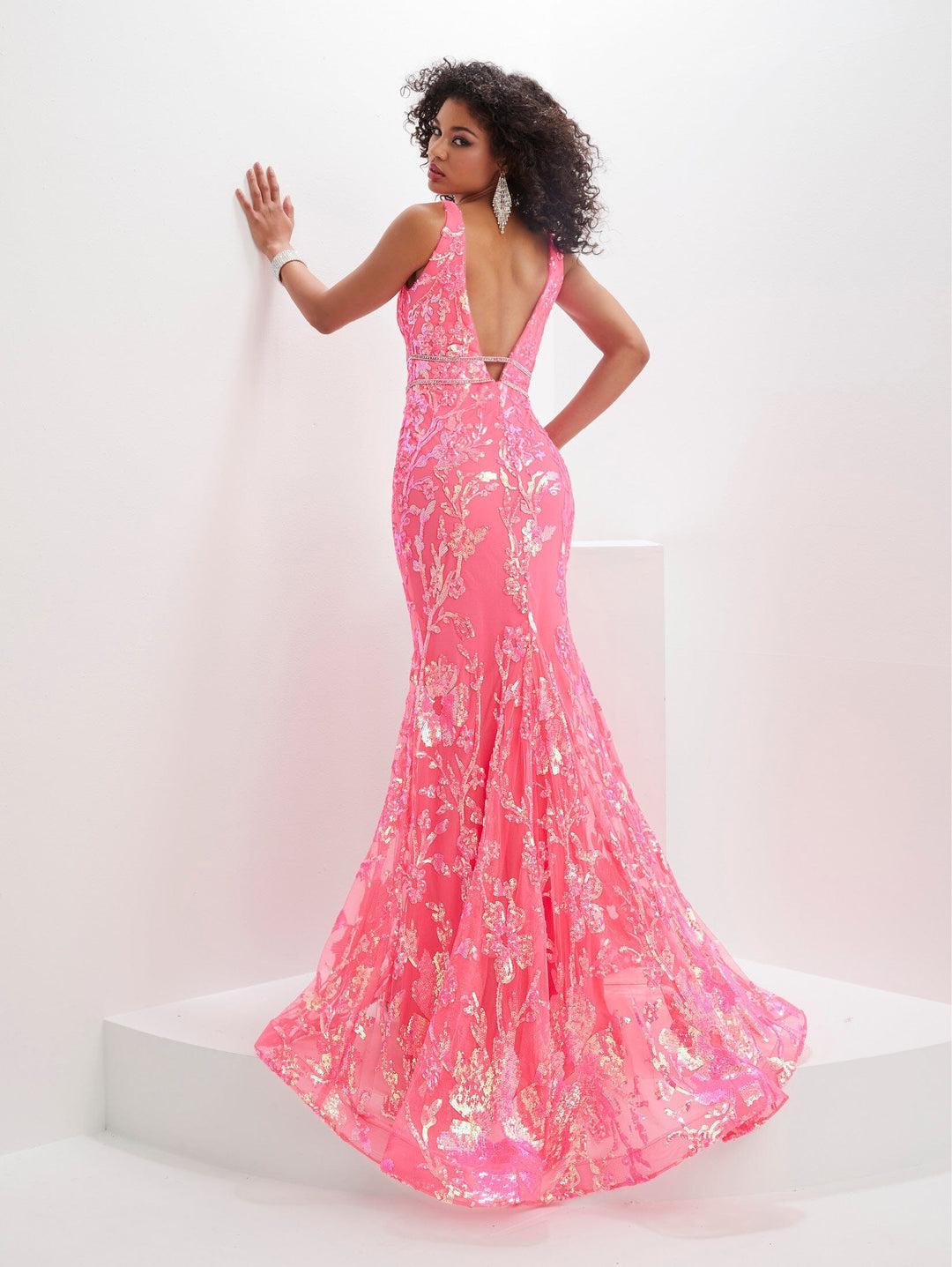 Fitted Sequin Print V-Neck Slit Gown by Panoply 14124