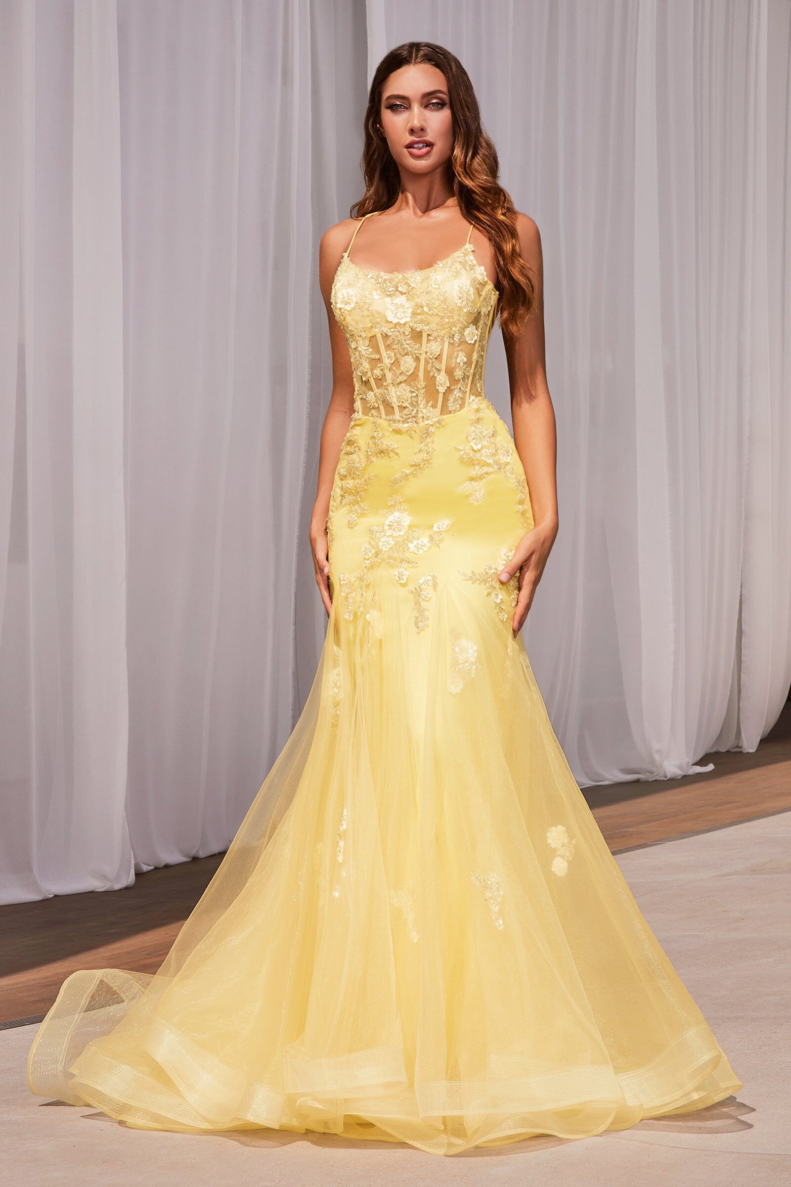 Dress The Population Yellow Floral Appliqué on sale Sequin Bustier Mermaid Gown Dress