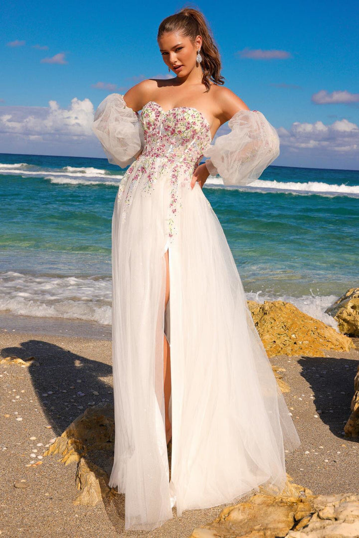 Floral Embroidered A-line Slit Gown by Amelia Couture SU070