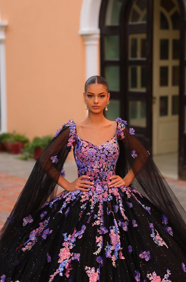 Floral Sequin Applique Cape Quinceanera Dress by Amarra 54318