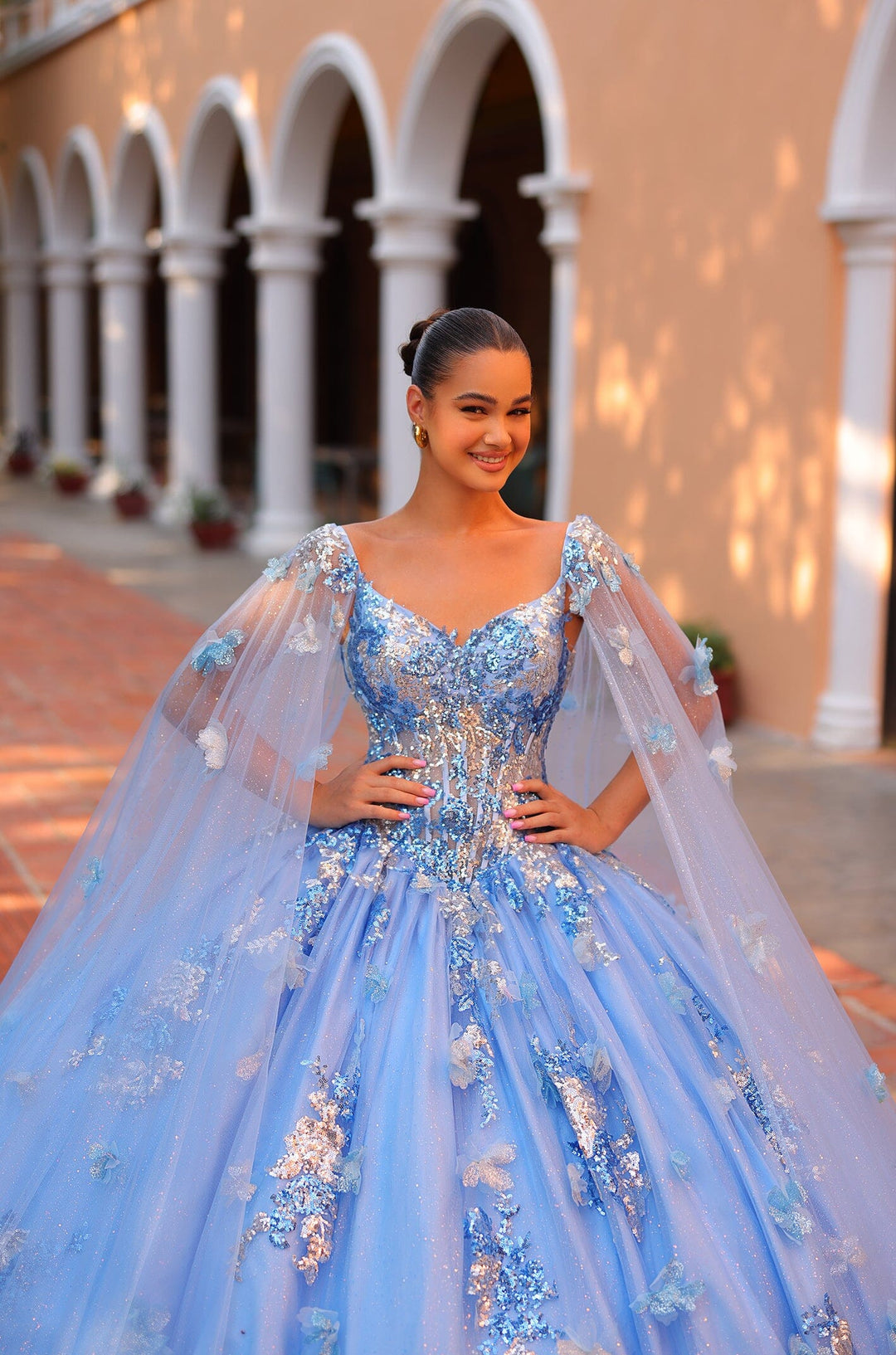 Floral Sequin Applique Cape Quinceanera Dress by Amarra 54318