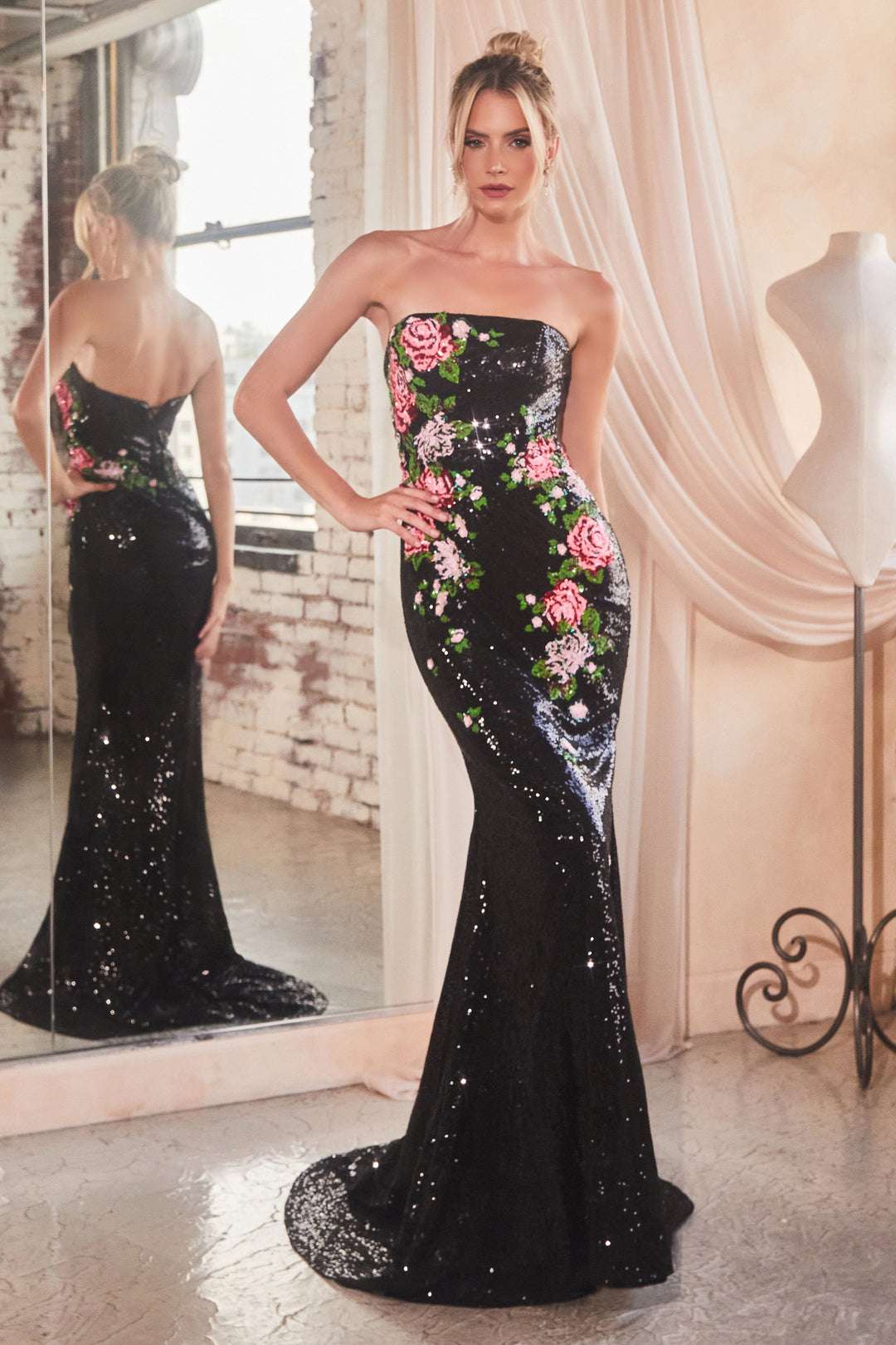 Floral Sequin Print Strapless Slit Gown by Ladivine CD811