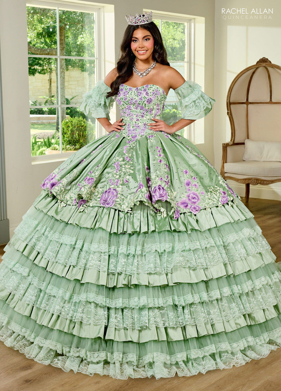 Floral Tiered Lace Quinceanera Dress by Rachel Allan RQ5002