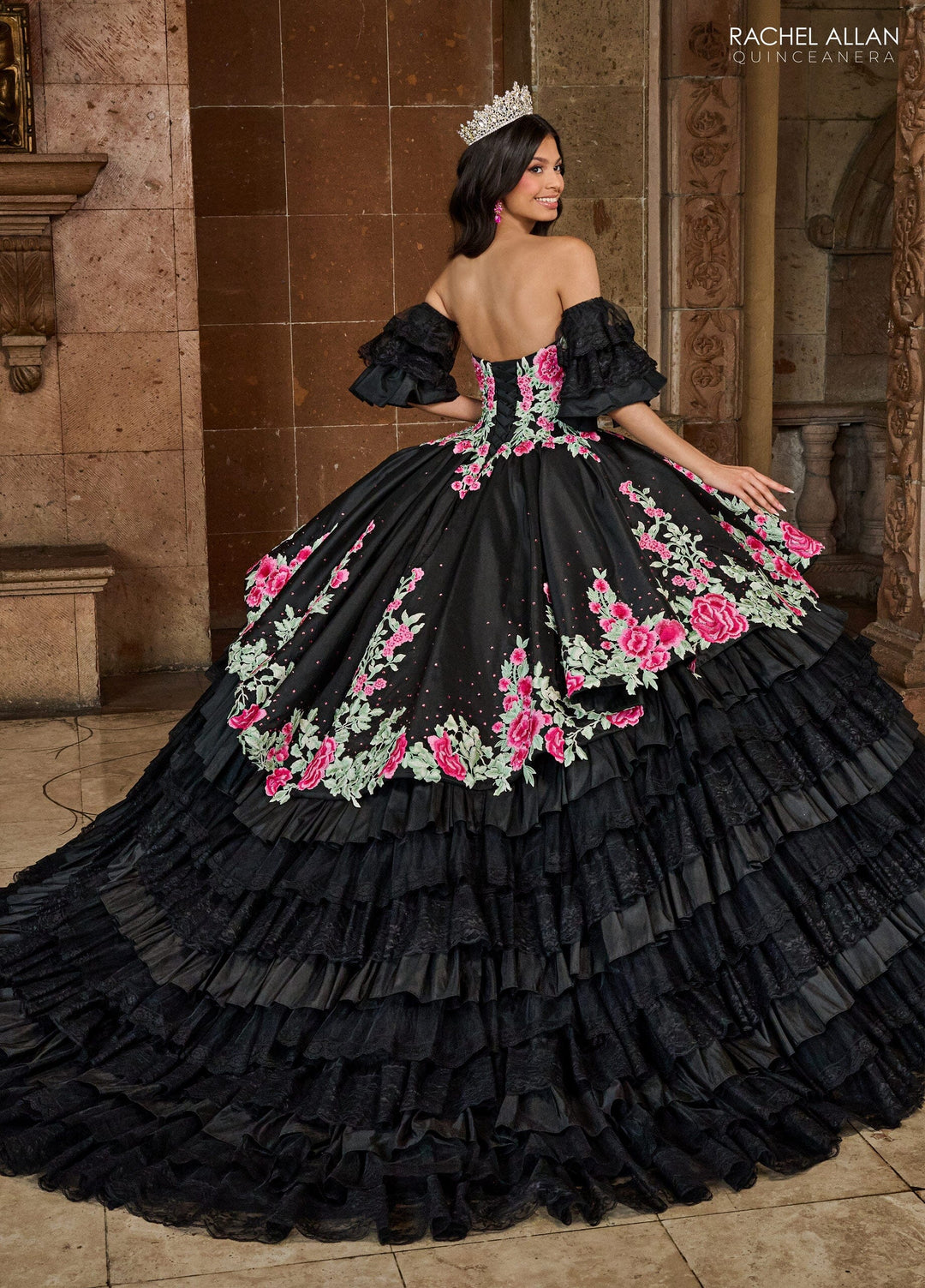 Floral Tiered Lace Quinceanera Dress by Rachel Allan RQ5002