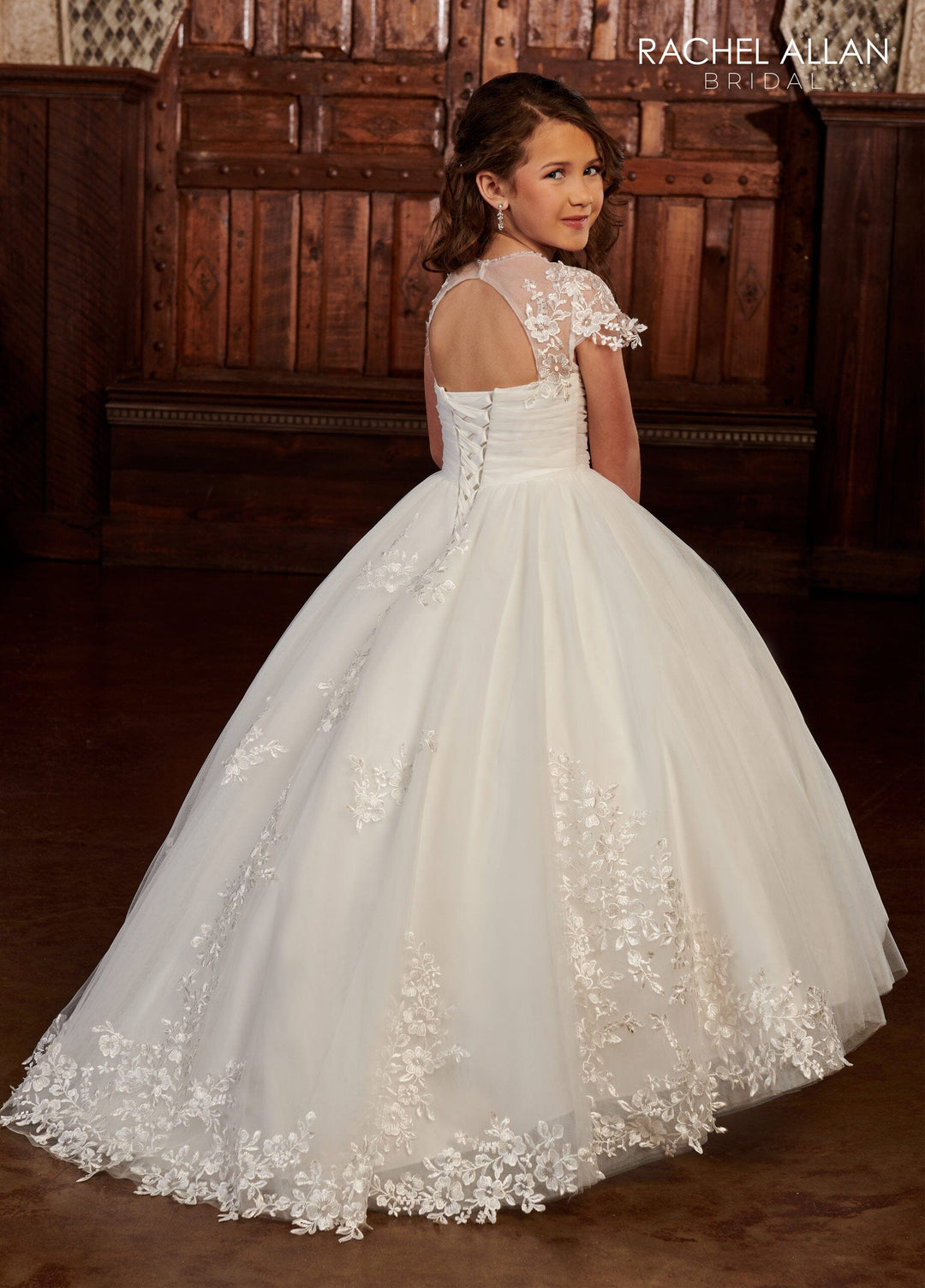 Girls Applique Puff Sleeve Gown by Rachel Allan RB9133