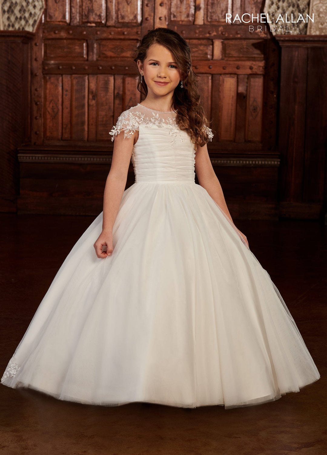 Girls Applique Puff Sleeve Gown by Rachel Allan RB9133