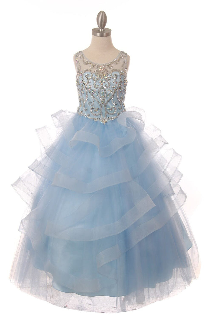 Girls Beaded Illusion Sleeveless Ball Gown with Layered Skirt 8003