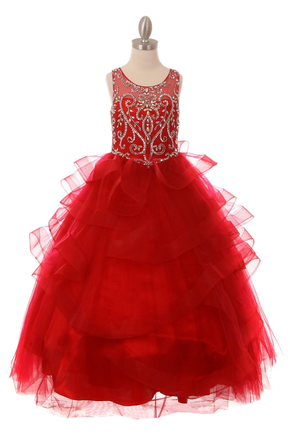 Girls Beaded Illusion Sleeveless Ball Gown with Layered Skirt 8003