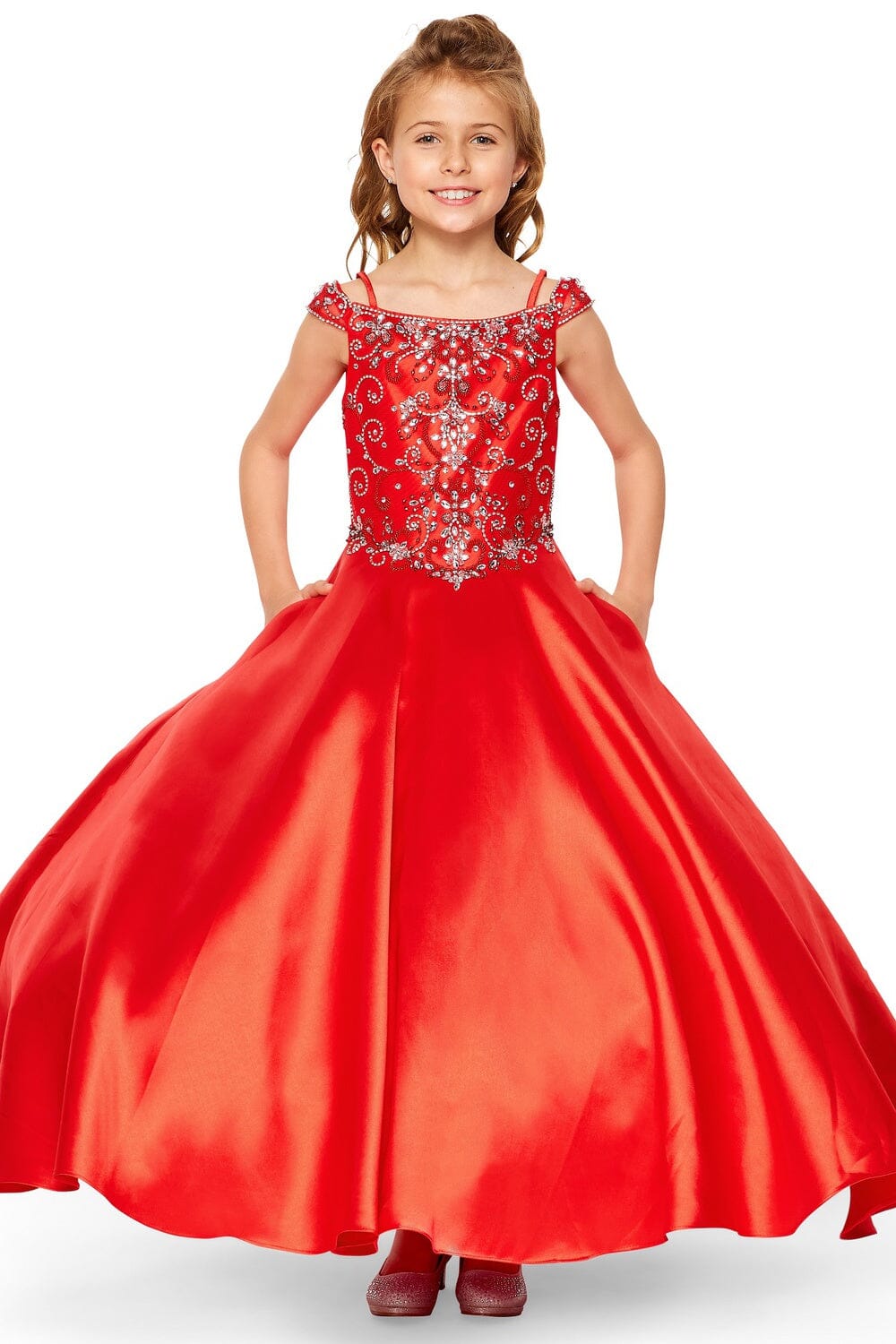 Girls Cold Shoulder Satin Gown by Cinderella Couture 8023