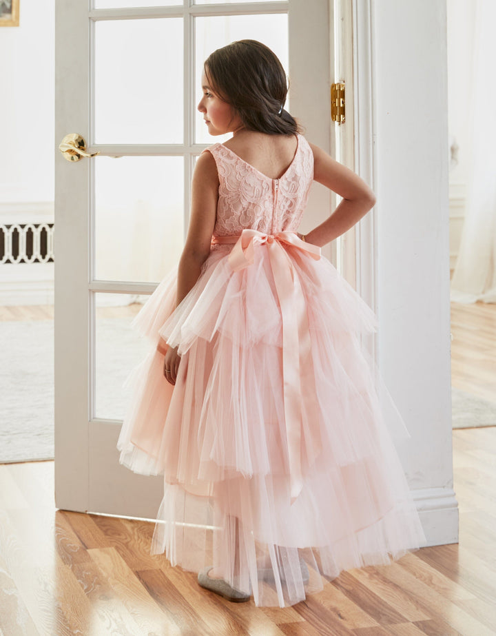 Girls Layered High Low Dress with Lace Bodice by Calla D825