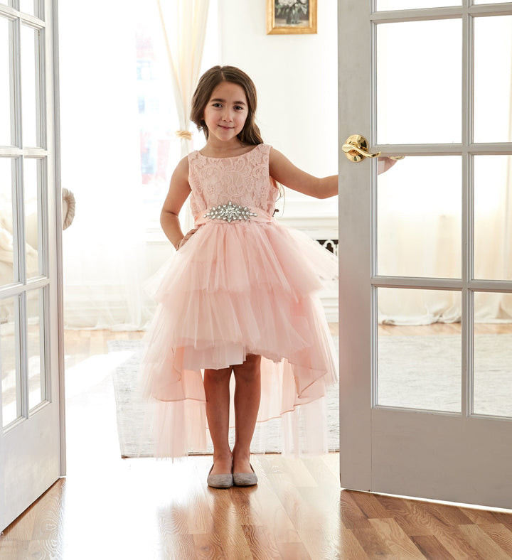 Girls Layered High Low Dress with Lace Bodice by Calla D825