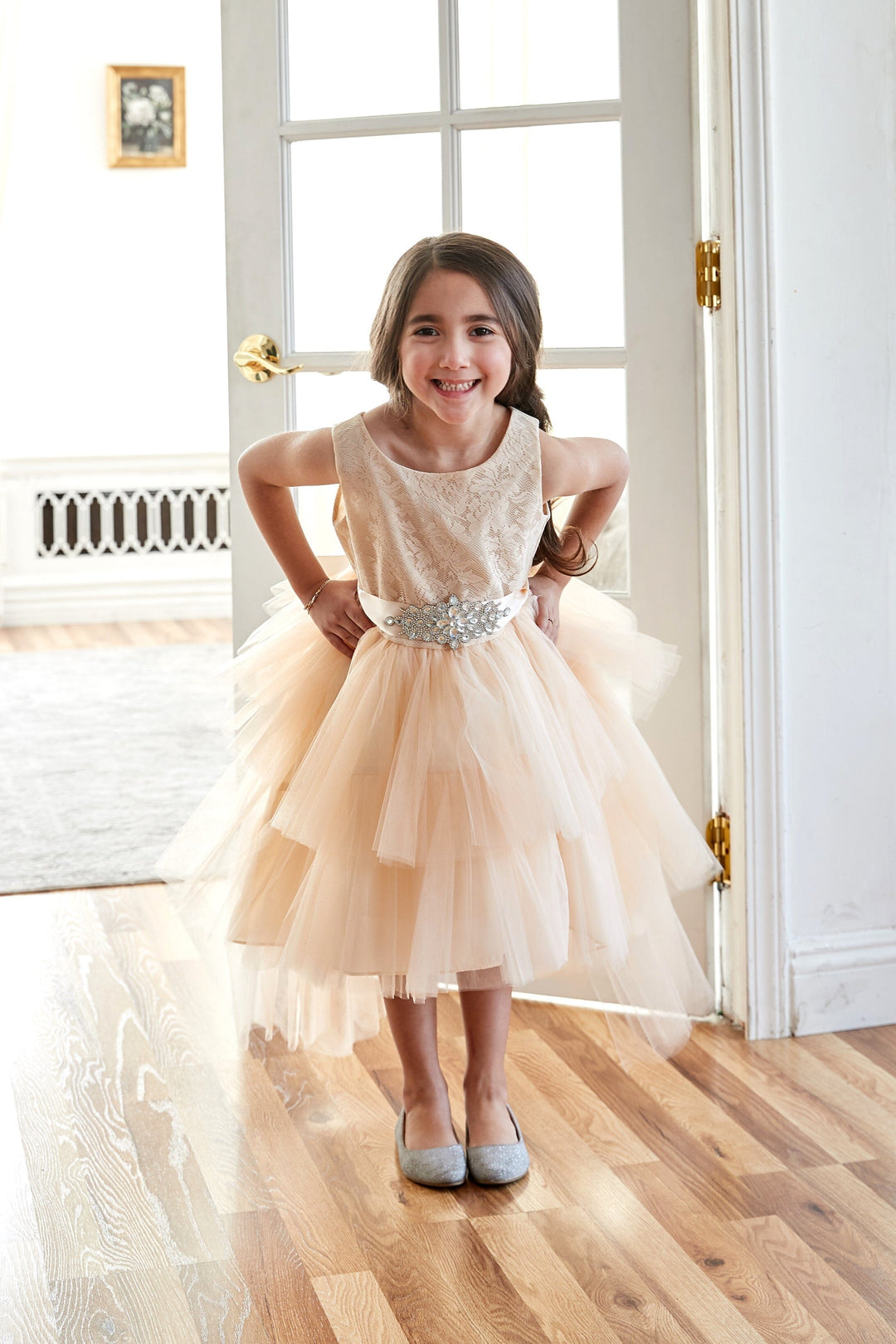 Girls Layered High Low Dress with Lace Bodice by Calla D825