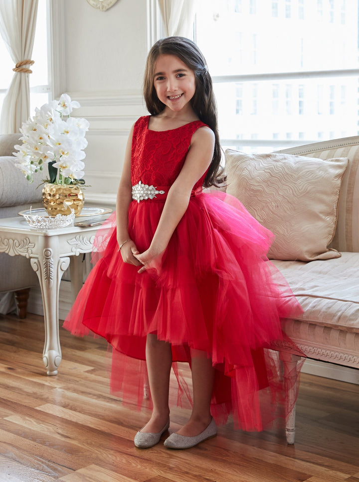 Girls Layered High Low Dress with Lace Bodice by Calla D825