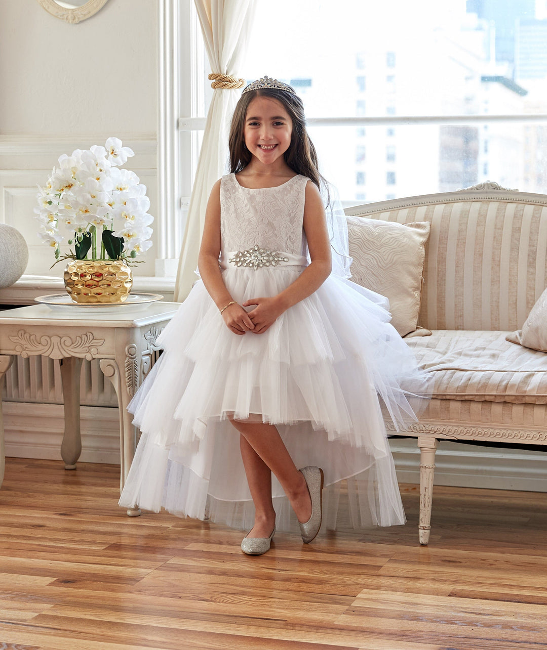 Girls Layered High Low Dress with Lace Bodice by Calla D825