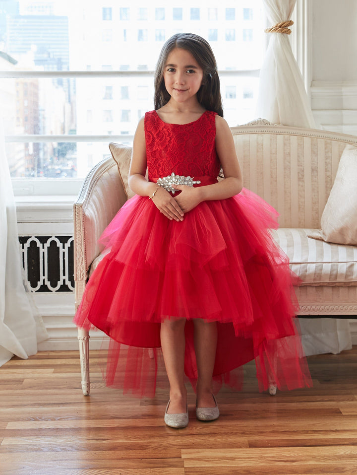 Girls Layered High Low Dress with Lace Bodice by Calla D825