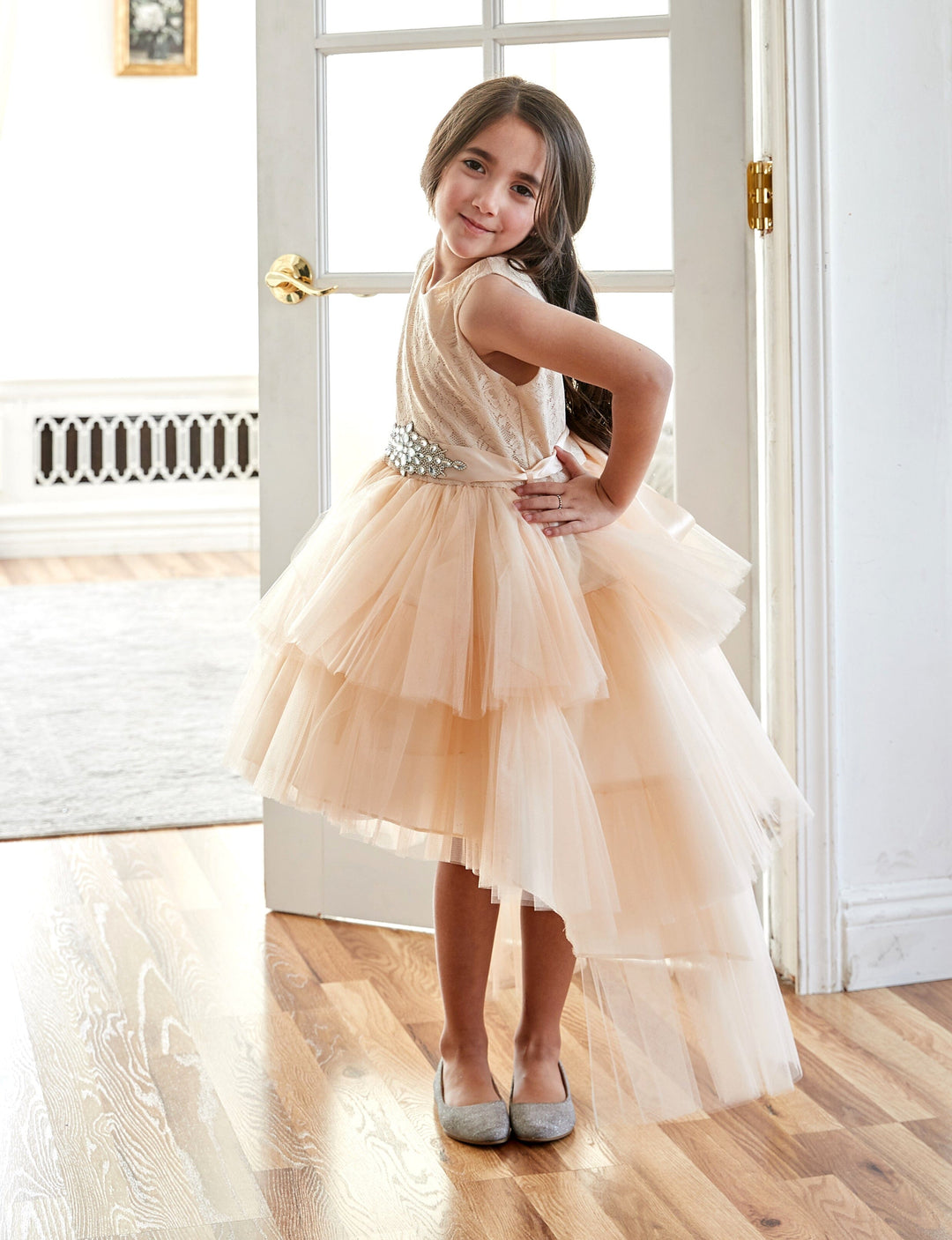 Girls Layered High Low Dress with Lace Bodice by Calla D825