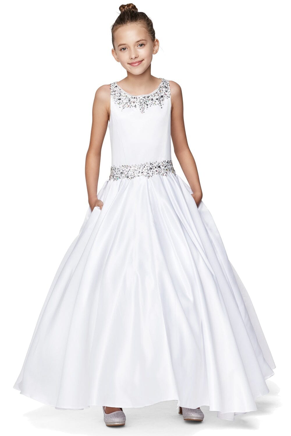 Girls Long Beaded Satin Dress by Cinderella Couture 5047