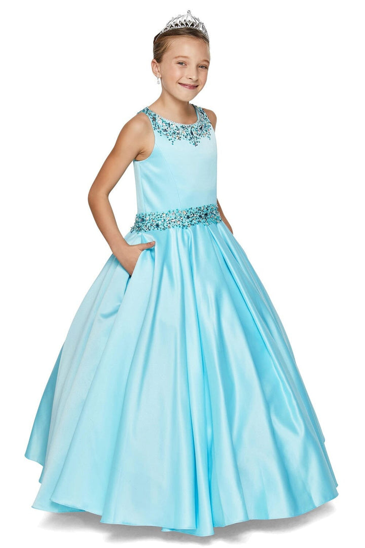 Girls Long Beaded Satin Dress by Cinderella Couture 5047