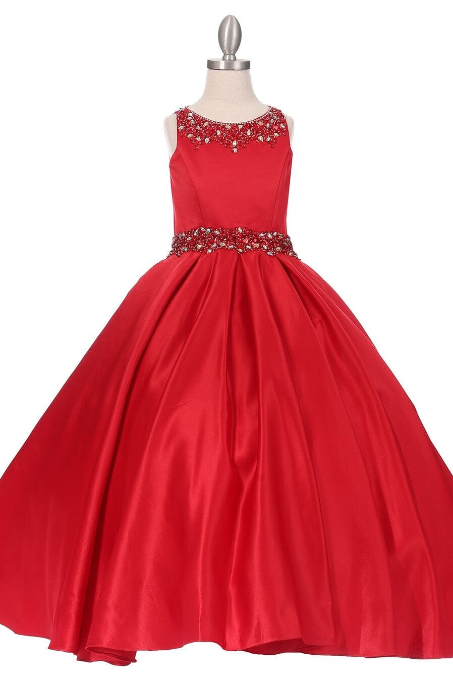 Girls Long Beaded Sleeveless Satin Dress with Pockets 5047