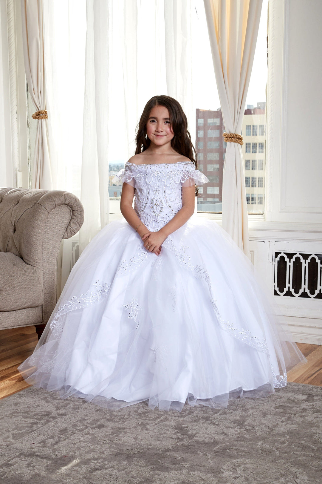 Girls Long Off Shoulder Tulle Dress by Calla KY216