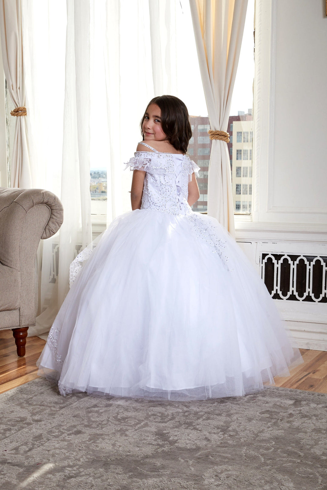 Girls Long Off Shoulder Tulle Dress by Calla KY216