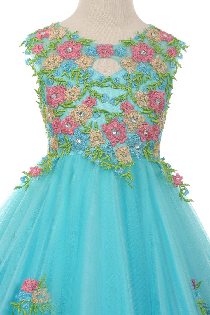 Girls Long Sleeveless Dress with Floral Embroidery 5028