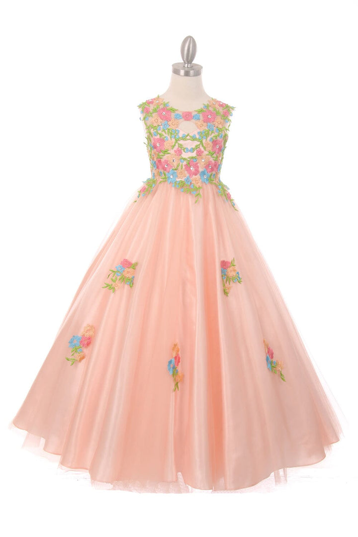 Girls Long Sleeveless Dress with Floral Embroidery 5028