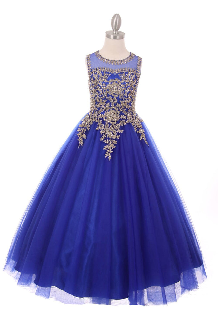 Girls Long Sleeveless Dress with Gold Lace Appliqued Bodice 5041