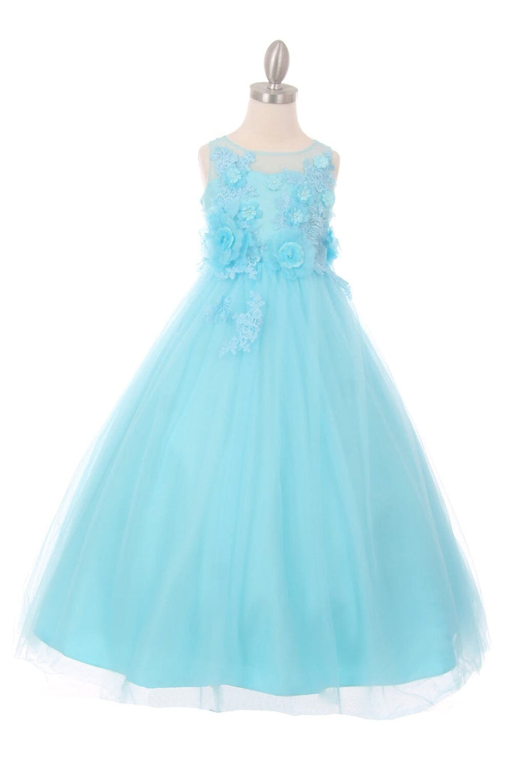 Girls Long Tulle Dress with Floral Appliques by Cinderella Couture 5034