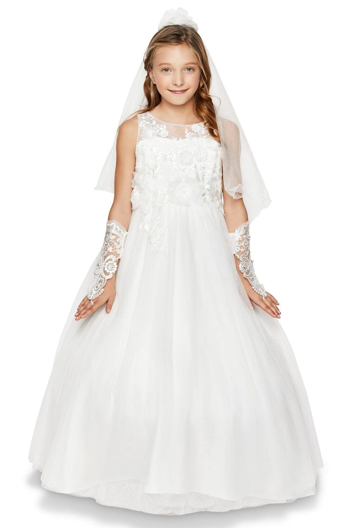 Girls Long Tulle Dress with Floral Appliques by Cinderella Couture 5034