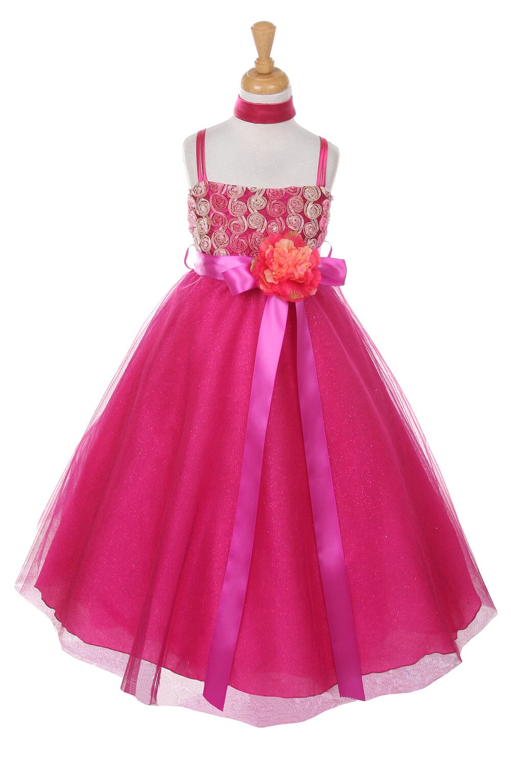 Girls Long Two Tone Glitter Tulle Dress with Embroidered Top 4020