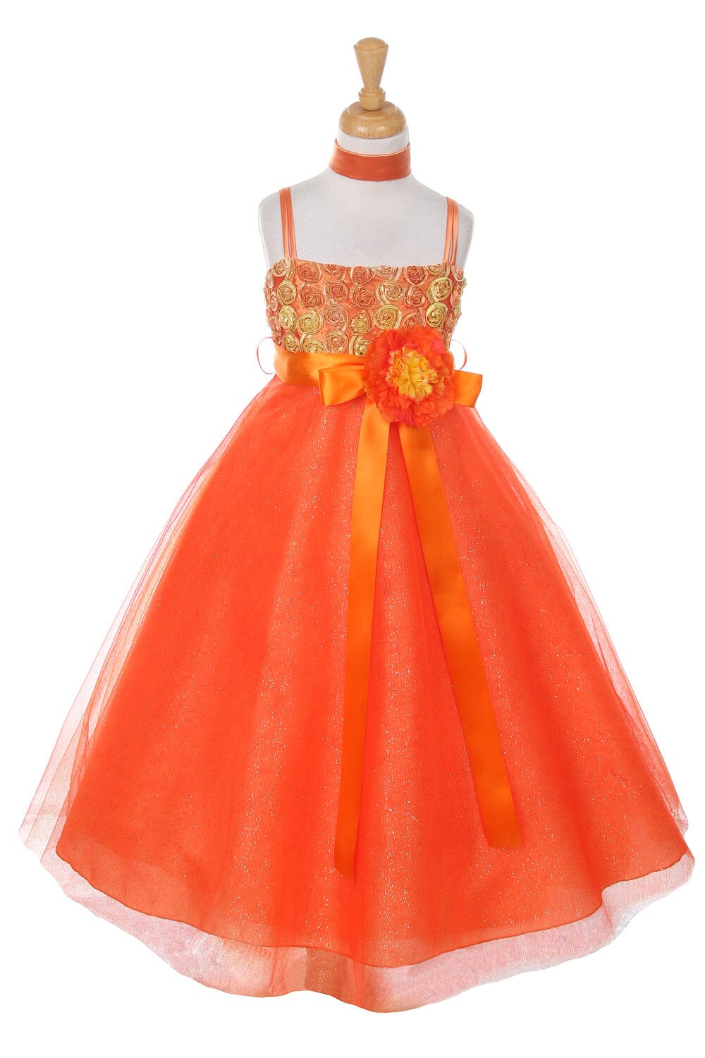 Girls Long Two Tone Glitter Tulle Dress with Embroidered Top 4020