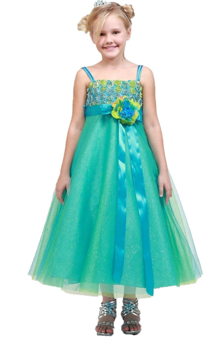 Girls Long Two Tone Glitter Tulle Dress with Embroidered Top 4020