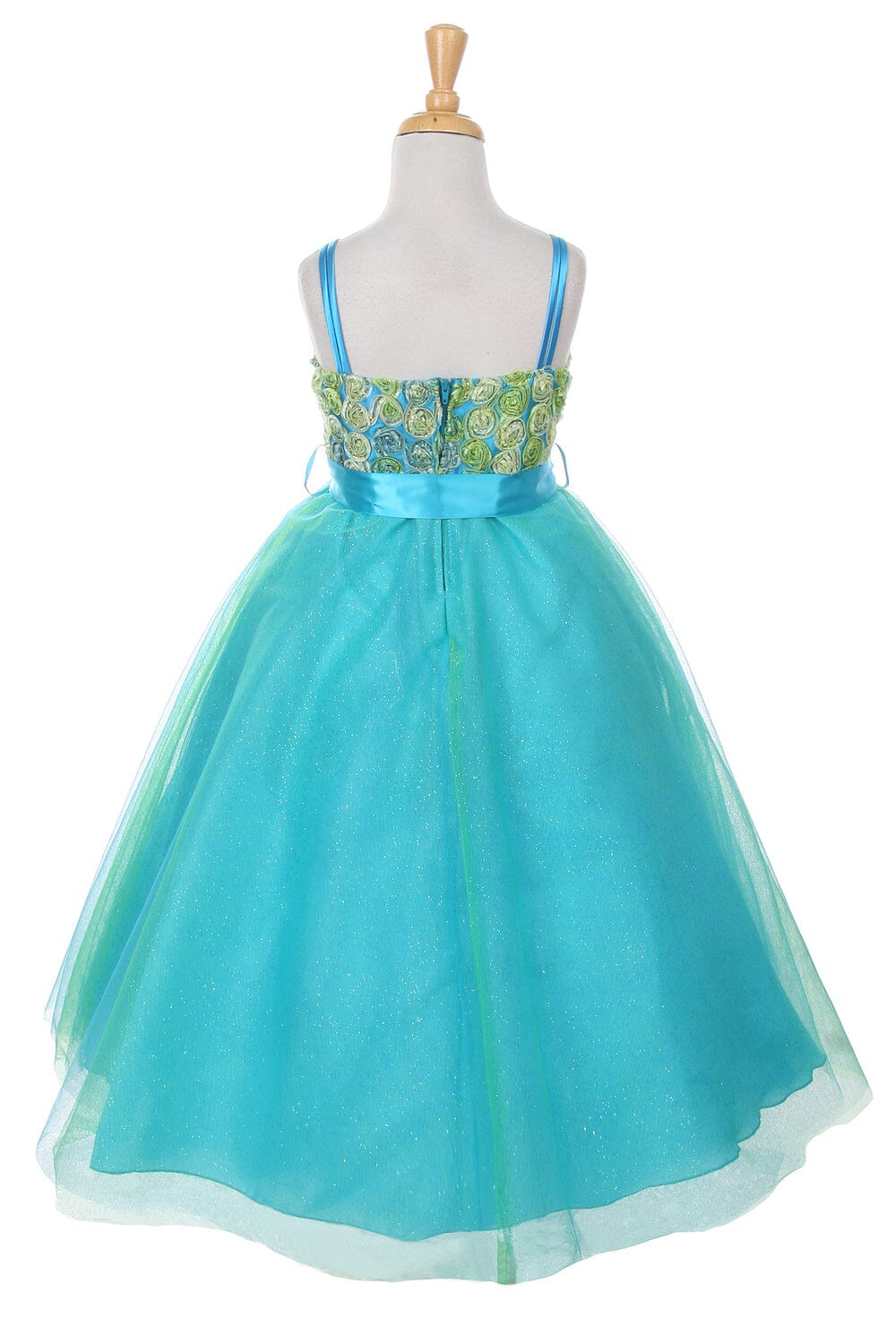 Girls Long Two Tone Glitter Tulle Dress with Embroidered Top 4020