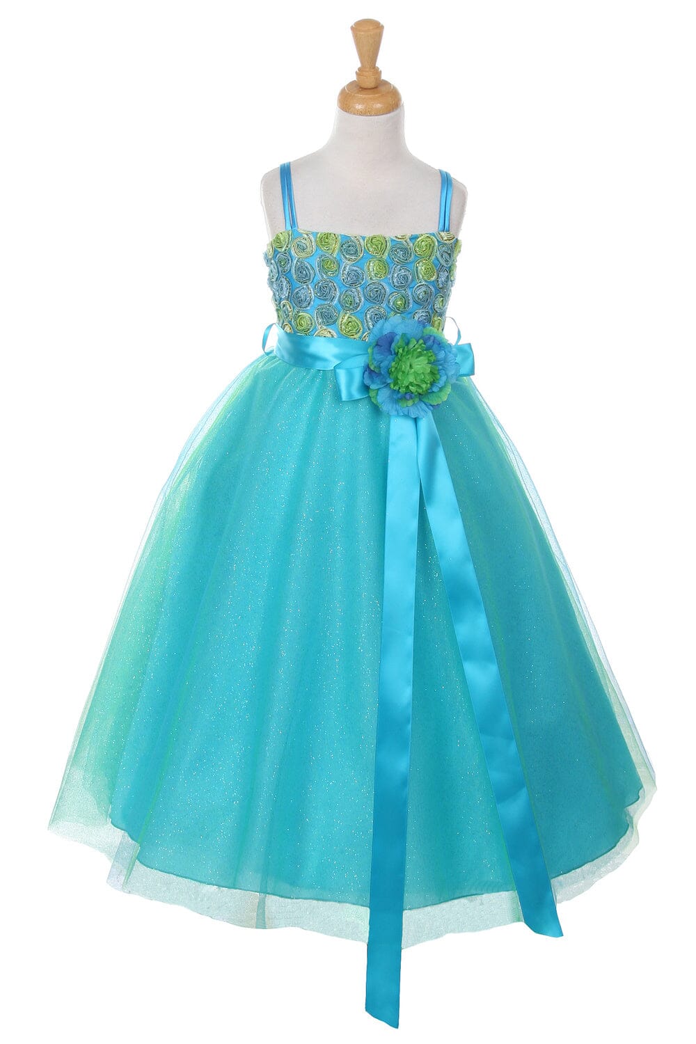 Girls Long Two Tone Glitter Tulle Dress with Embroidered Top 4020