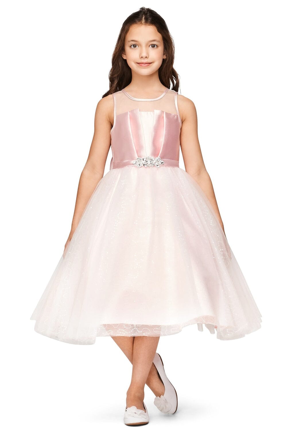 Girls Satin Bodice Tea Length Dress by Cinderella Couture 5076