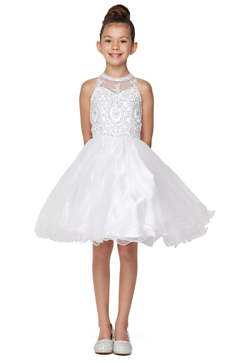 Girls Short Illusion Applique Dress by Cinderella Couture 5065