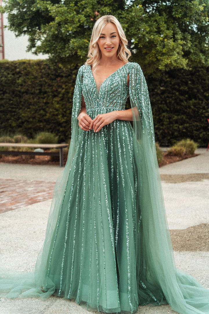 Embellished Cape Sleeve A-line Gown by GLS Gloria GL3494