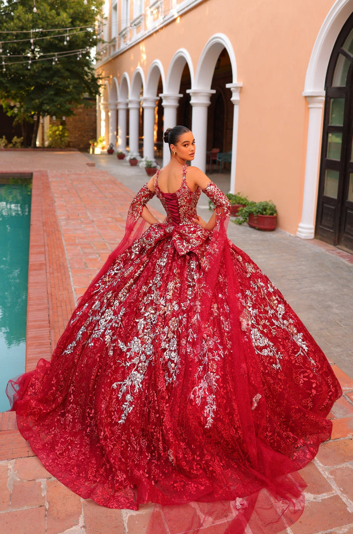 Glitter Print Cape Sleeve Quinceanera Dress by Amarra 54322